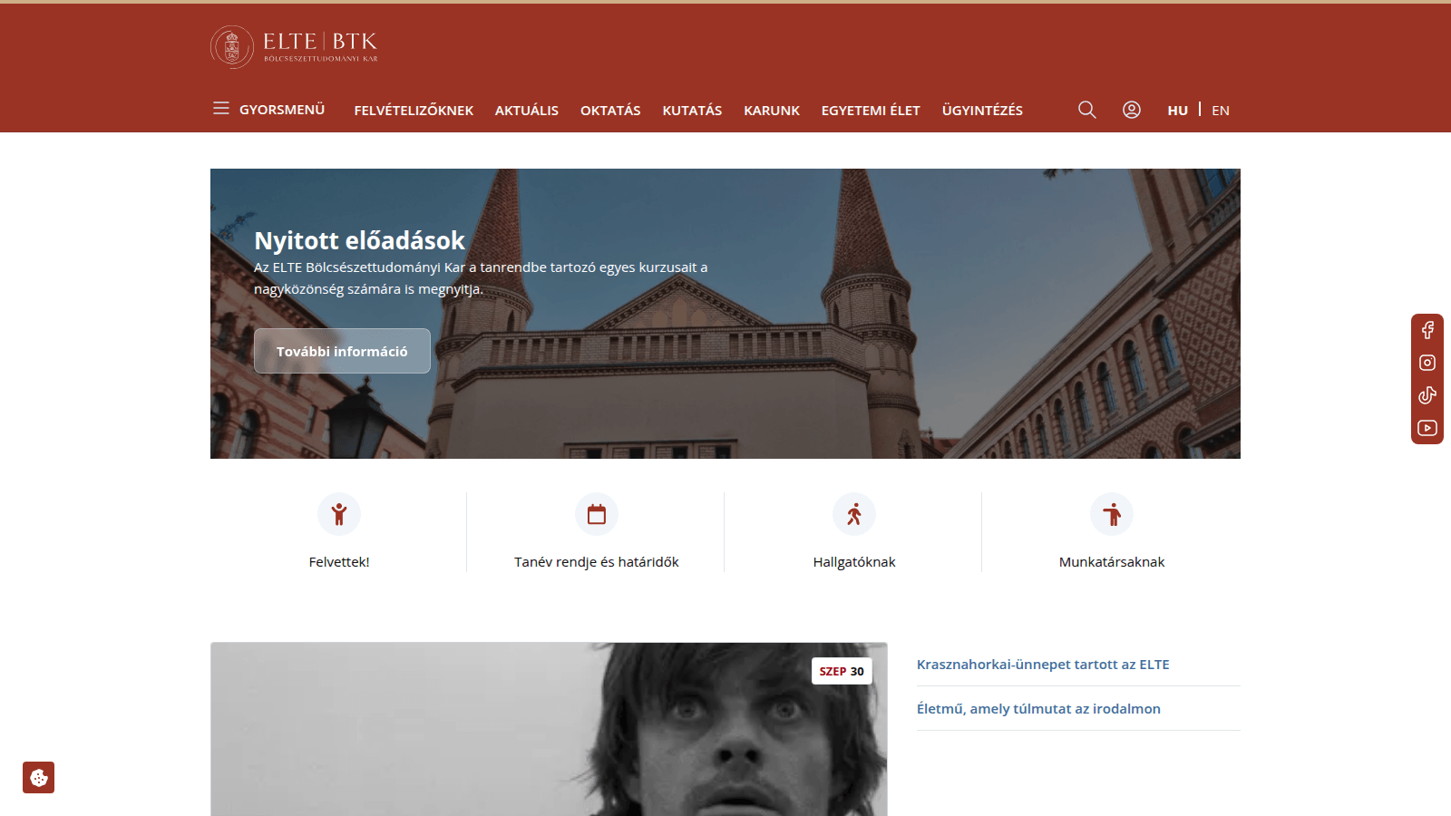 ELTE Faculty of Humanities website in its red faculty colours